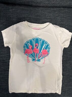 Crewcuts White Tee with Pink Flamingos & Teal Shell Graphic